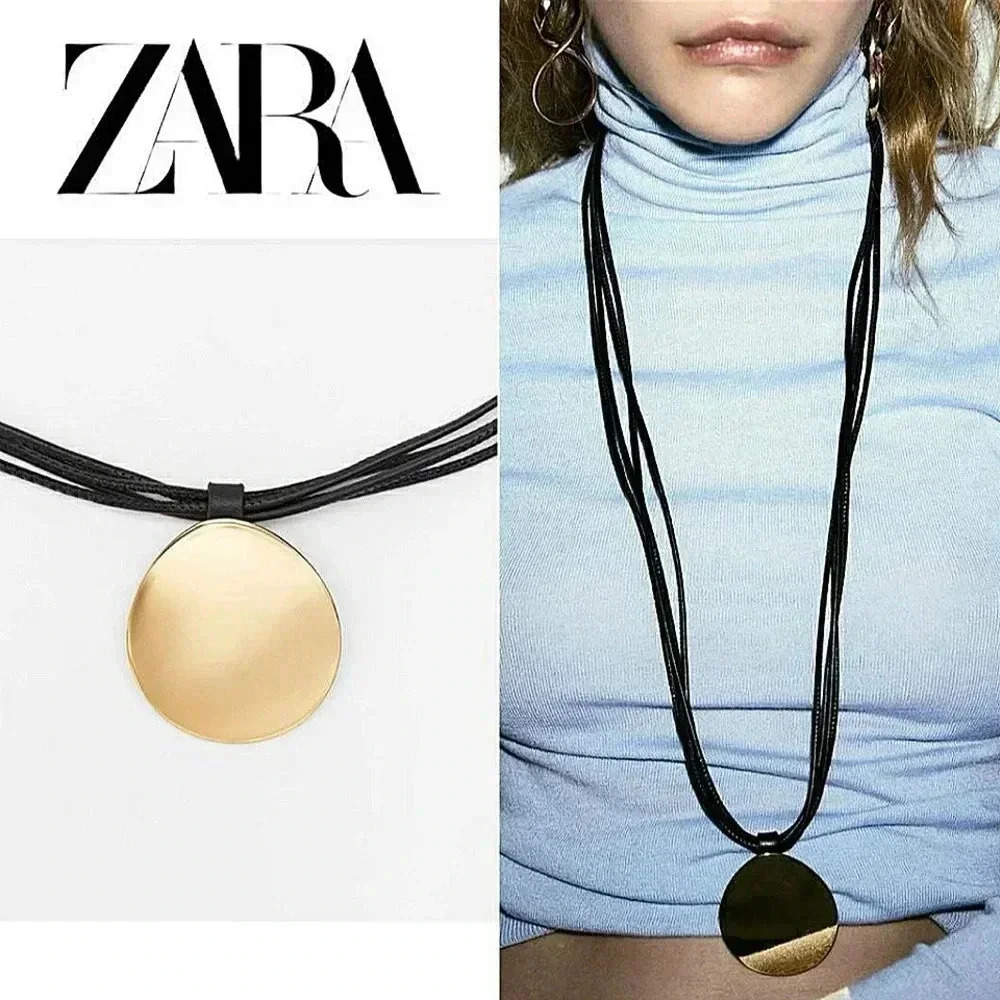 Zara Golden Circular Pendant Necklace Black Triple Leather Cord Clasp Back NWT
